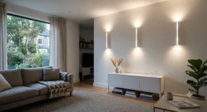 Sleek minimalist white LED up and down wall lights casting ambient light in a modern sitting room