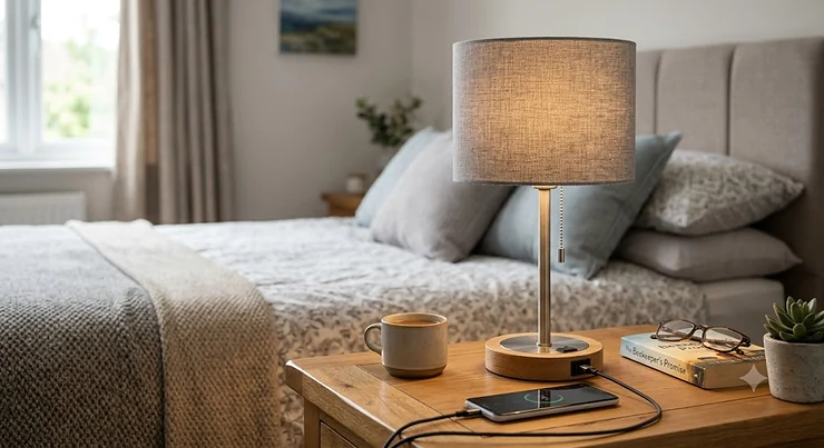Modern bedside lamp with built-in USB charging port on a wooden bedside table in a cosy bedroom