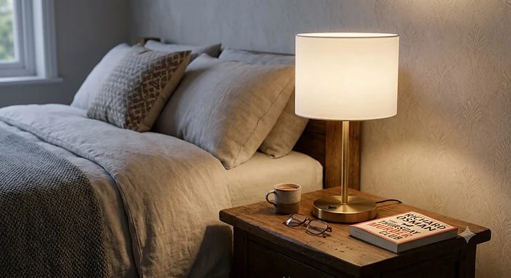 Modern brass bedside table lamp with a warm glowing light on a wooden nightstand