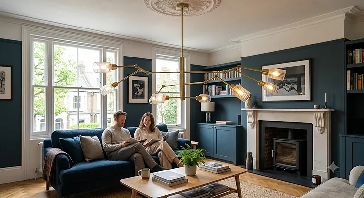 Modern brushed brass chandelier with multiple arms illuminating a contemporary British living room lifestyle