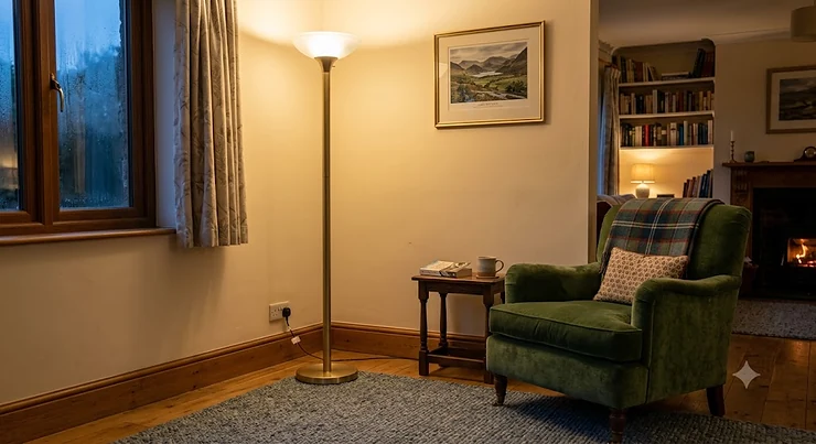 A modern brushed brass uplighter casting a warm glow in the corner of a cosy British living room snug next to an armchair. uplighter for living room