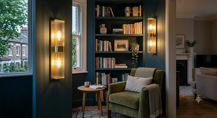 Modern brushed brass wall lights illuminating a contemporary British living room alcove