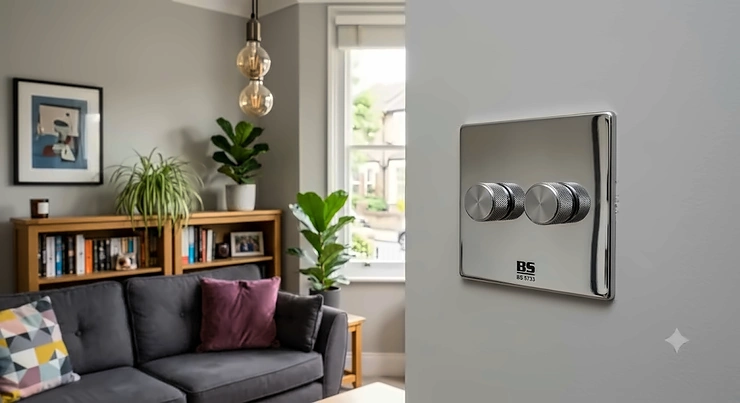 Modern chrome dimmer switch for LED lights installed on a contemporary UK living room wall.