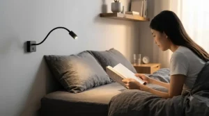 Modern minimalist LED reading light for bed mounted beside a double mattress