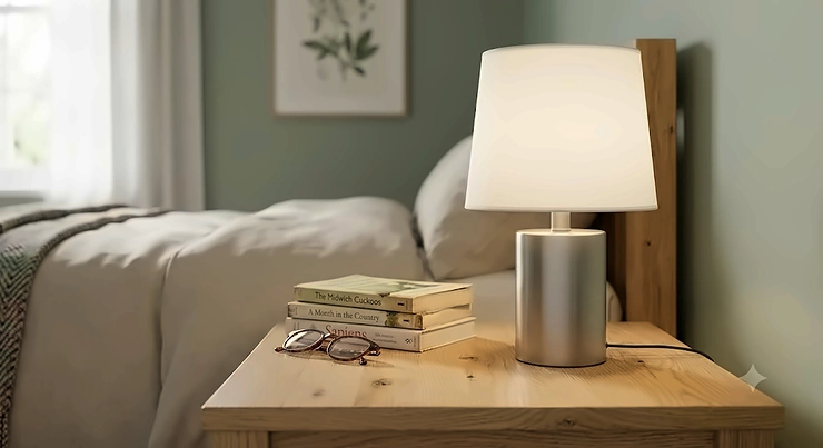 Modern touch control bedside lamp under £20 casting a warm glow on a wooden bedside table