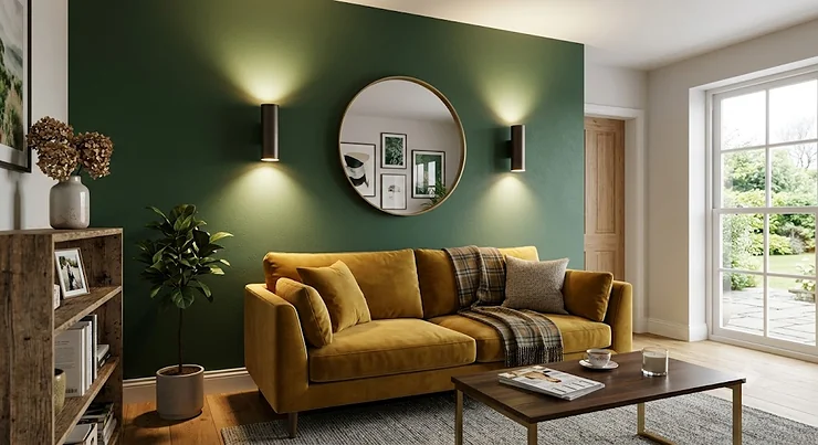 Modern up and down wall lights indoor casting a warm glow on a contemporary British living room feature wall.