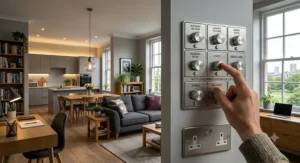 A grid system multi-gang dimmer switch for LED lights controlling multiple zones in an open-plan British apartment.
