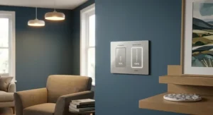 A two-gang smart dimmer switch unit allowing separate control of multiple ceiling light zones.