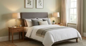 Pair of matching bedside table lamps styled on twin nightstands flanking a king size bed