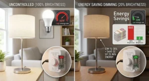 Illustration highlighting energy savings when dimming lights with a plug-in dimmer switch.