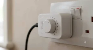 Close-up of the smooth rotary control dial on a compact plug-in dimmer switch.