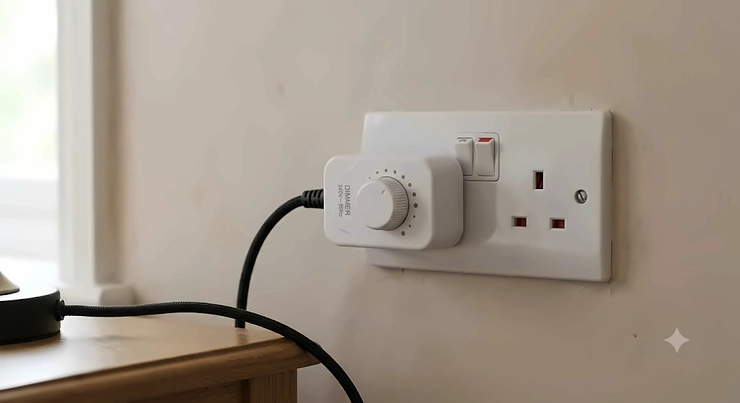 A white plug-in dimmer switch inserted into a standard UK three-pin wall socket.