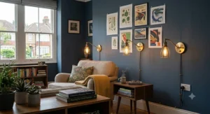 Pair of stylish plug-in wall lights adding warmth to a rented flat lounge without drilling