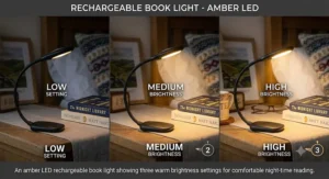 An amber LED rechargeable book light showing three warm brightness settings for comfortable night-time reading.