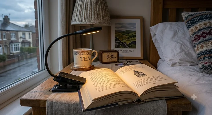 A rechargeable book light clipped to a paperback novel on a cosy bedside table for evening reading.