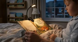 A rechargeable clip-on book light casting a warm light over a children's picture book during bedtime stories.