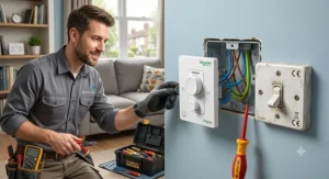 A British electrician replacing an old traditional light switch with a new dimmer switch for LED lights.