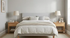 Scandinavian style bedside lamp set of 2 positioned on oak nightstands against a neutral light grey bedroom wall.