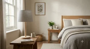 Minimalist Scandi-style wooden bedside table lamp in a neutral master bedroom setting