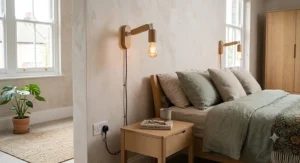 Minimalist Scandi wooden plug-in wall lights hanging next to a bedside table
