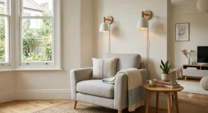 Scandinavian style light wood and ceramic wall lamps positioned over a living room armchair