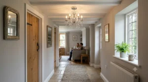 Elegant semi flush chrome finished small chandelier for low ceiling cottage hallway maximizing headroom.