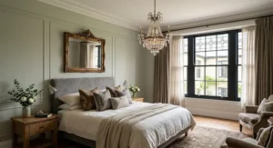 A small crystal chandelier adding a touch of glamour to a cosy main bedroom.