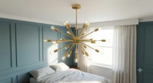 Elegant small gold sputnik chandelier fixture mounted in a modern minimalist bedroom.