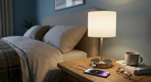Compact bedside table lamp with a built-in USB charging port resting beside a bed