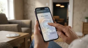 Close-up of a smartphone app being used to adjust brightness via a smart dimmer switch.