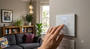 Close-up of a smart dimmer switch for LED lights showing touch controls adjusted inside a British house.