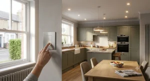 A smart dimmer switch controlling dimmable LED downlights in a modern British kitchen diner.