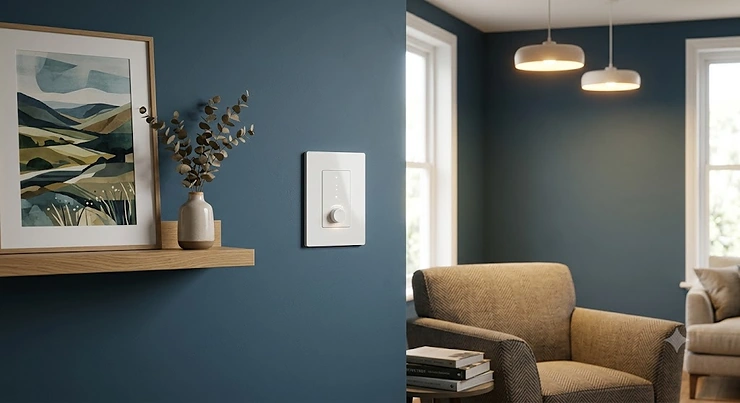 Modern smart dimmer switch installed on a living room wall in a UK home, controlling ambient lighting.