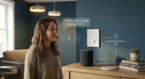 Illustration showing a smart dimmer switch reacting to voice commands next to a smart speaker.