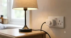 A bedside table lamp connected to a plug-in dimmer switch emitting a soft glow.