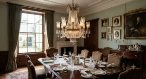 An elegant traditional crystal chandelier illuminating a formal British dining room table setting.
