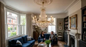 Classic multi-tiered crystal chandelier hanging from a decorative ceiling rose in a Victorian terrace lounge