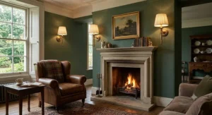 Classic lounge wall sconces with pleated cream fabric shades beside a fireplace