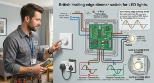 Wiring diagram explaining how a trailing edge dimmer switch for LED lights functions safely in a UK home.