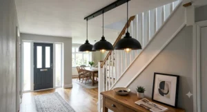Triple black pendant ceiling light bar fixture perfect for hallway or dining room lighting.