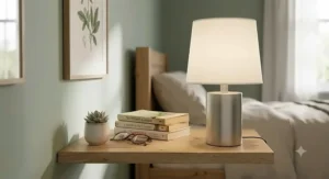 Portable USB rechargeable cordless bedside lamp under £20 resting on a cosy bedroom shelf