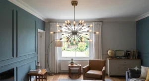 Retro mid-century retro sputnik chandelier with exposed Edison bulbs in a stylishly decorated lounge.