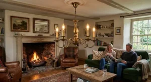 Vintage style 5-arm brass chandelier with candle bulbs in a cosy cottage living room with a brick fireplace