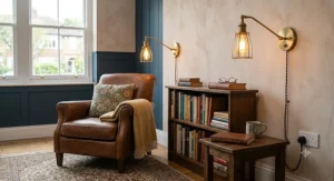 Vintage style plug-in wall lights with exposed Edison bulbs over a reading nook bookcase