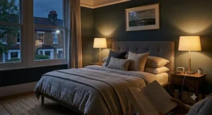 Night-time view of a bedside lamp set of 2 emitting soft warm white light ideal for late-night reading.