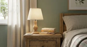 Scandinavian style wooden base bedside lamp under £20 with a cream pleated lampshade