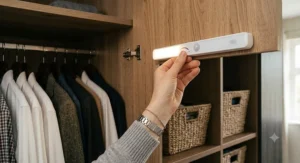 Adjusting the brightness control setting on a dimmable motion sensor wardrobe light inside an oak wardrobe