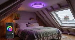 App controlled colour changing ceiling light glowing purple in a modern double bedroom setting