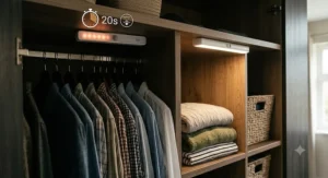 Automatic motion sensor wardrobe light shutting off after twenty seconds of inactivity to conserve power