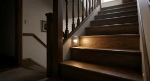Battery-operated motion sensor night light mounted on a wooden staircase for safe navigation at night.
